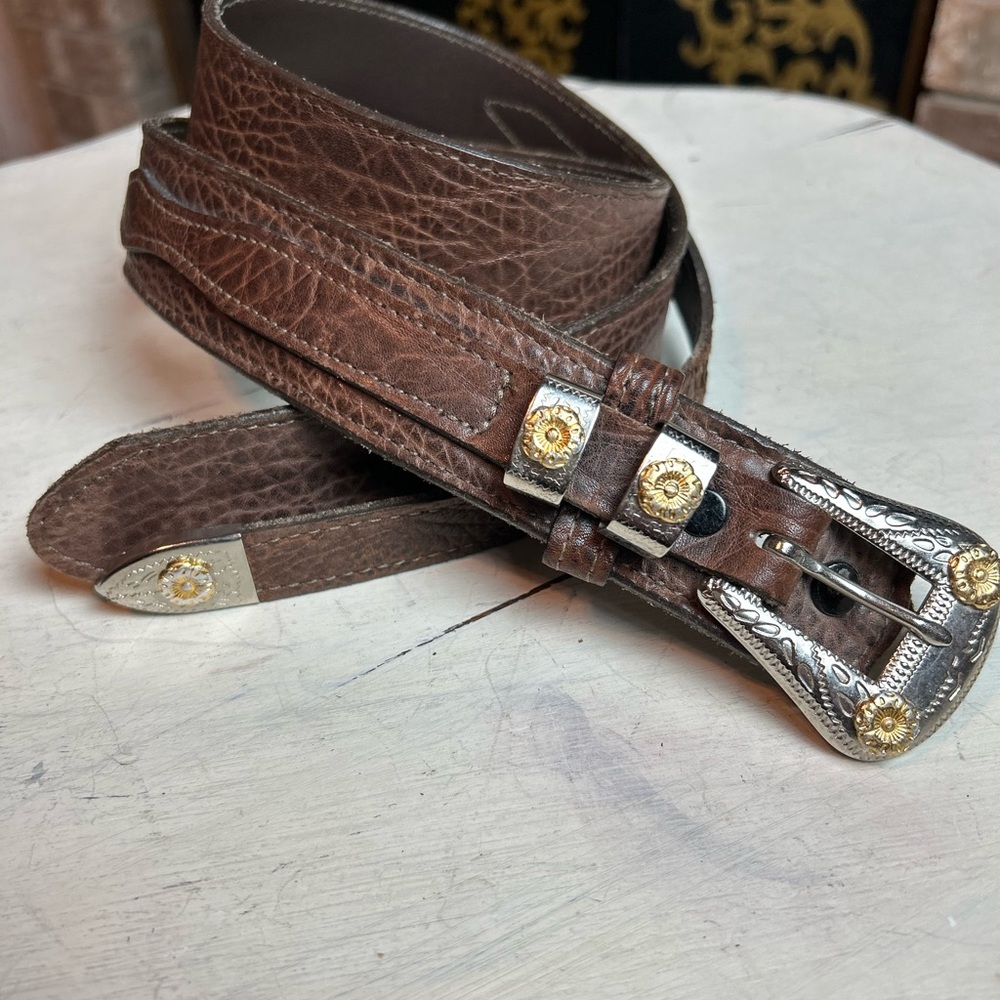 TOREL sz. 34 Western Cowboy Brown Leather Belt Silver & Gold Details Great